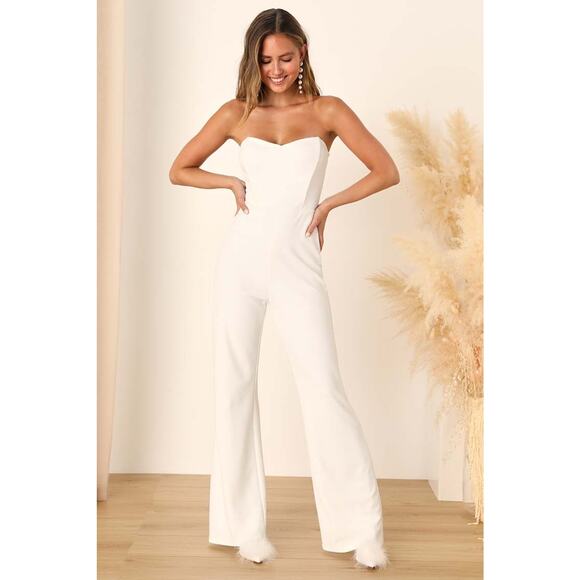 NWT Lulus Fashionista Nights Ivory Strapless Bustier Wide-Leg Jumpsuit Classy L